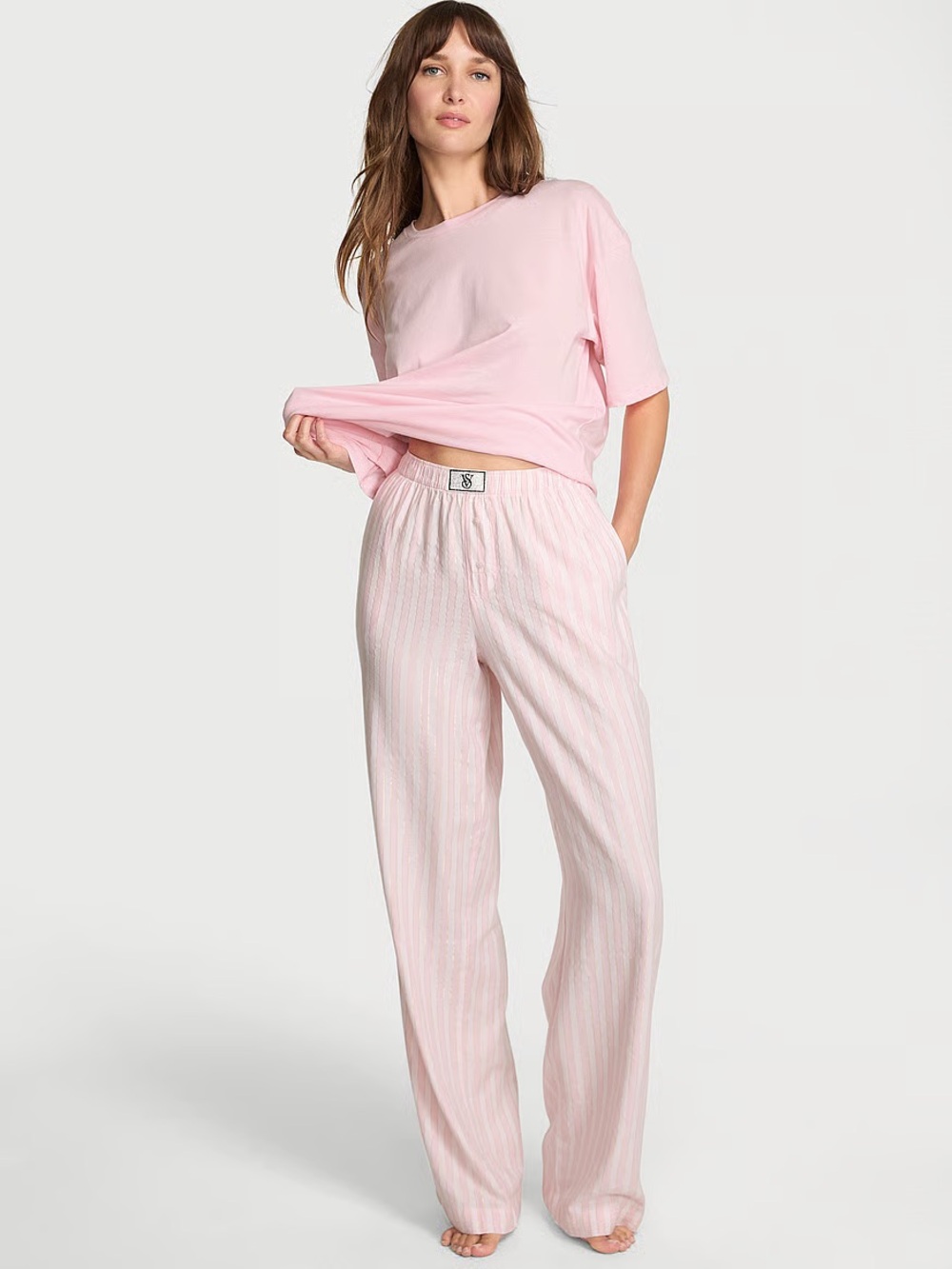 Victoria's Secret Light Pink Short-Sleeve Tee & Striped Lounge Pants Set